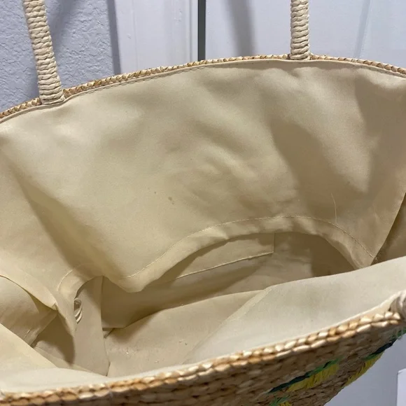 Urban n Daizy Woven Embroidered Lined Tan Straw Lemon Tote Bag Purse Carryall - Picture 4 of 7